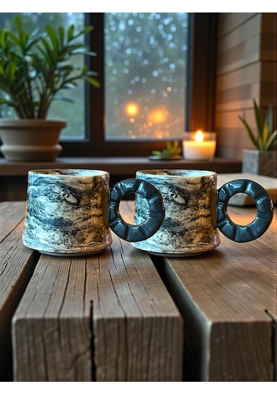 Nerikomi 2'li El Yapımı Stoneware Fincan Siyah - Beyaz
