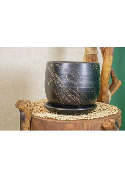 Bitki Tasarımı Ev Dekorasyon  Siyah Üzeri Gold Tabaklı Terracota Toprak Saksı Saksılık Salon Çiçeklik 19 CM