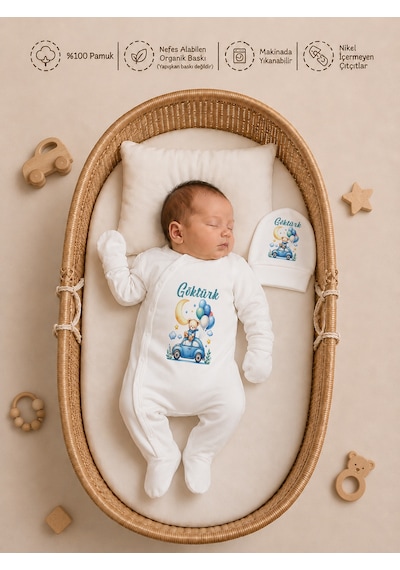 Pia Baby Erkek Bebek Hastane Çıkışı 4 Lü Tulum Seti %100 Pamuk Kişiye Özel İsim Baskılı Battaniyeli 1056bt0x Krem