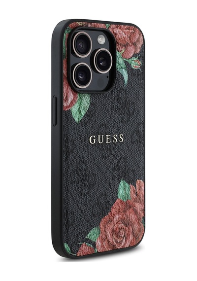 Apple Uyumlu iPhone 14 Pro Max Kılıf Guess Lisanslı Magsafe Gül Baskılı 4g Desenli Yazı Logolu Kapak Siyah