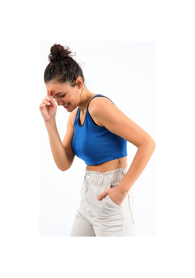 Tommy Life Turkuaz Basic Sıfır Kol Dar Kalıp U Yaka Kadın Crop Top Atlet - 97162 Turkuaz