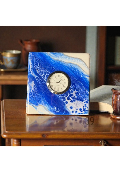 15x15 Cm El Yapımı Geode Masa Saati Gümüş Quartz Masaüstü Saat 5 Cm Kalınlık Beyaz - Mavi