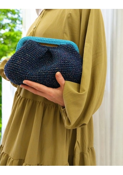 Kemzey Handmade Parlak Tutmalı El Çantaları , El Yapımı Işıltılı Clutch, Örgü El Çantası Lacivert
