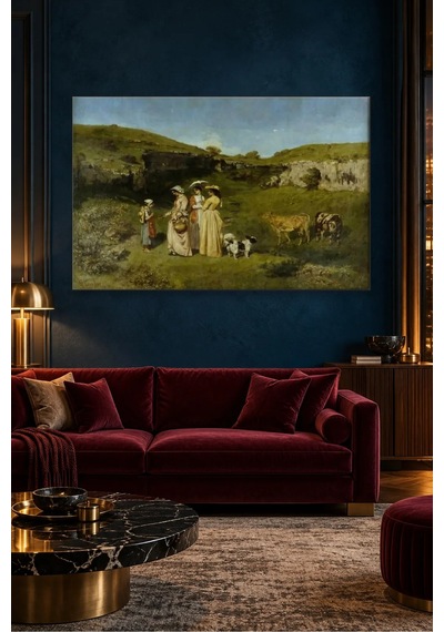 Fida Courbet Kırda Gezinen Köylü Hanımlar Canvas Tablo Çok Renkli