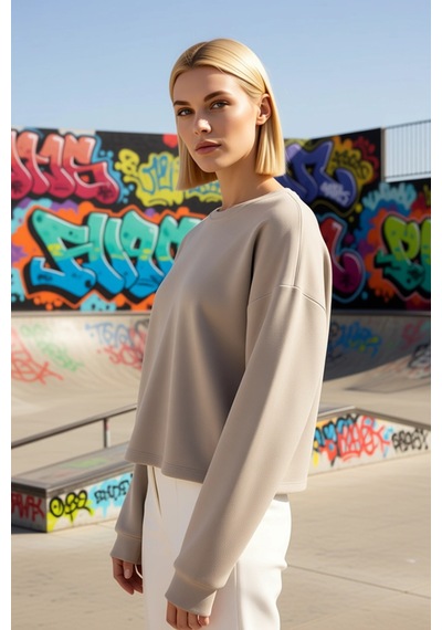 Benerly Kadın Bisiklet Yaka Standart Kol Crop Örme Sweatshirt Fonksiyonel Vizon