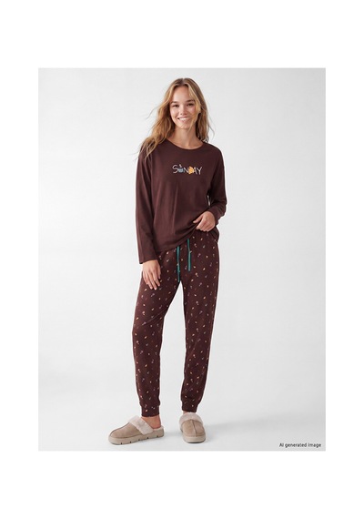Lcw Dream Kahverengi Bisiklet Yaka Baskılı Kadın Pijama Takım