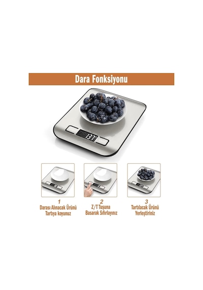 Tr Techfit Tf-1002 Dijital Mutfak Terazisi, 5 Kg Kapasiteli, Paslanmaz Çelik, Lcd Ekran, Dara Fonksiyonlu, G/ml/oz/lb Genel