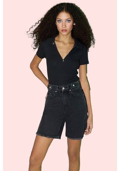 Ersefa Kadın Denim Şort Pamuk Yüksek Bel City Short Rahat Günlük Stil Ha siyah