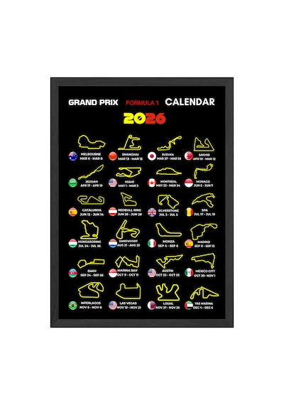 Grand Prix Formula 1 Calendar Siyah Ahşap Çerçeveli Poster, Dekoratif Araba Duvar Tablosu