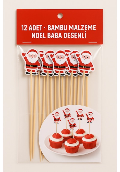 50 Li Noel Baba Figürlü 12 Cm Bambu Kürdan Yılbaşı Sunum Ve Parti Süsleme Seti