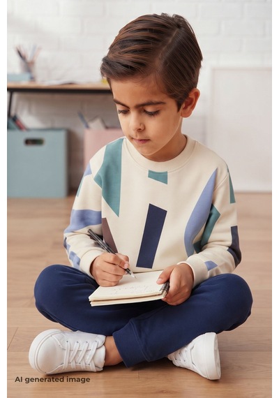 Pina Kids Erkek Çocuk Geometrik Desenli Okul Günlük Eşofman Takımı Esf7038 Lacivert