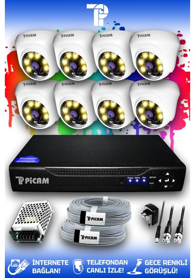 Picam 8 Kameralı Dome 8 İç Kamera Set HDD'siz Full HD Renkli Gece Görüşlü Güvenlik Kamerası Sistemi