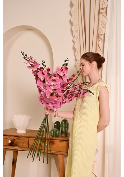 Fuşya Yapay Orkide Çiçeği Tek Dal Premium Canlı Islak Dokulu 98 Cm