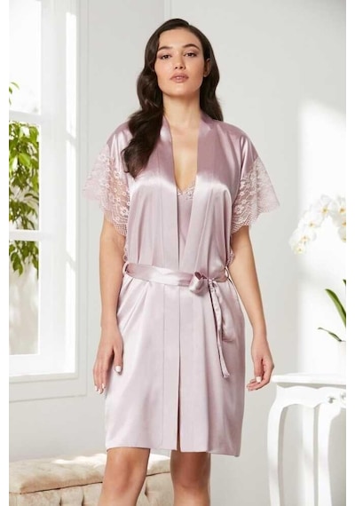Pierre Cardin Pudra Saten Dantelli Gecelik Sabahlık Takım 4438 001