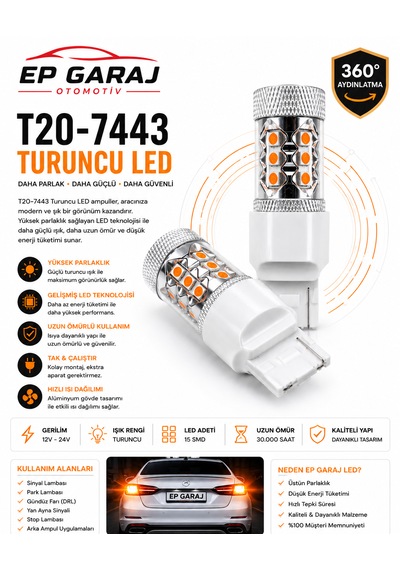 Üniversal T20-7443 Turuncu Led Ampul Güçlü Sinyal Ve Şık Görünüm 0