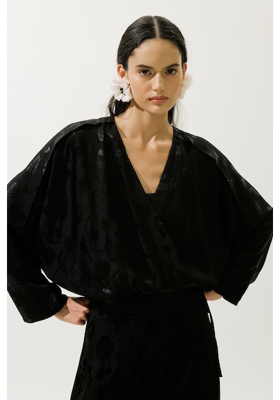 Manuka Jakarlı Saten Kimono Siyah Siyah
