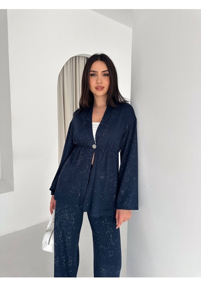 Kadın Simli Uzun Kol Modal Kumaş Kimono Pantolon İkili Takım Şık Ve Rahat Kadın Takım Lacivert Kadın Simli Uzun Kol Modal Kumaş Kimono Pantolon İkili Takım Şık Ve Rahat Kadın Takım Lacivert