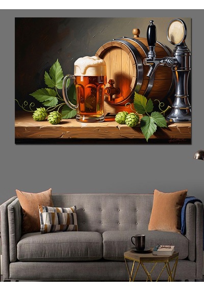Ahşap Tablo Bira Varili Ve Soğuk Bira Bardağı