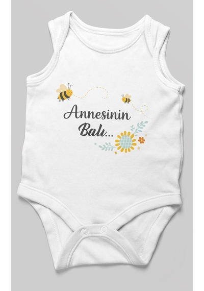 Morivokids Annesinin Balı Sıfır Kollu Bebek Body %100 Pamuk Beyaz