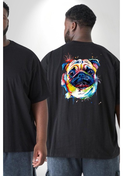 Angemiel Sulu Boya Pug Köpek Büyük Beden Siyah Tişört Kadın Erkek Ünisex Sırt Baskılı Siyah