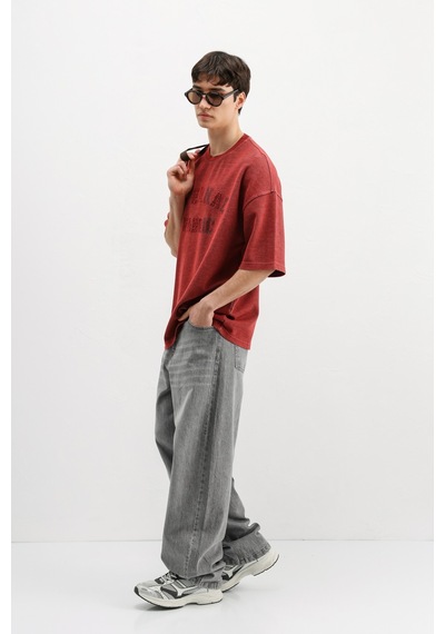 Vamos Oversize Baskılı Tişört V70-148 Bordo
