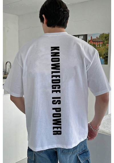 Unisex Knowledge İs Power Baskılı Tasarım Tshirt Beyaz