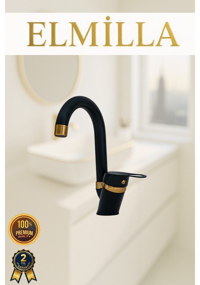 Siyah Gold Banyo Lavabo Musluğu Bataryası Çeşmesi Baston Borulu Lüx Tasarım Çif Su Giriş