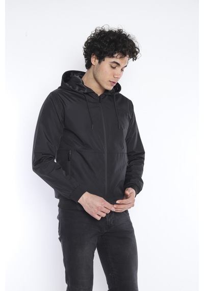 Escetic Erkek Spor Siyah Slimfit Kapşonlu İnce Yağmurluk / Rüzgarlık-3718 Siyah
