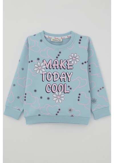 Breeze Kız Çocuk Cool Sweatshirt Çiçek Desenli Kalpli 3-8 Yaş , Açık Mavi