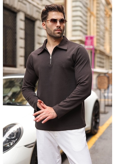 Madmext Acı Kahve Yarım Fermuarlı Polo Yaka Dokulu Erkek Sweatshırt E7197 Acı Kahverengi