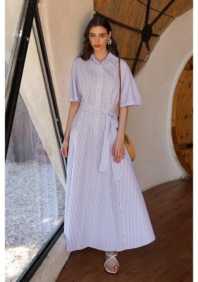Olcay Kuşaklı Kısa Kollu Çizgili Poplin Elbise Beyaz 9317-e