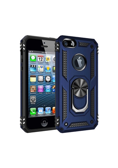 Kilifone - İphone 5 Uyumlu Kılıf Koruyucu Yüzüklü Çift Katman Vega Kapak - Mavi - T9654