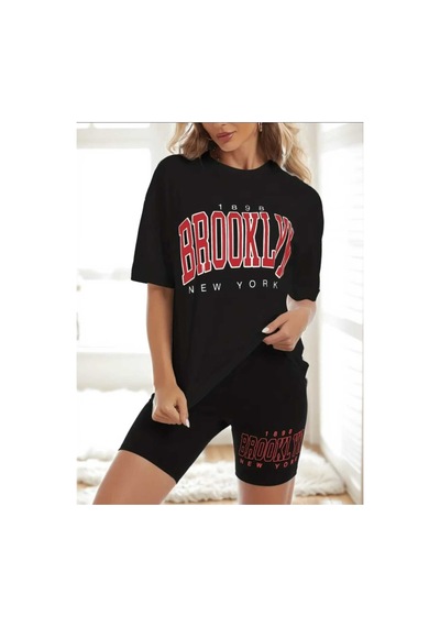 Caxis Kadın Oversize 1898 Brooklyn New York Baskılı Tayt Takım Siyah