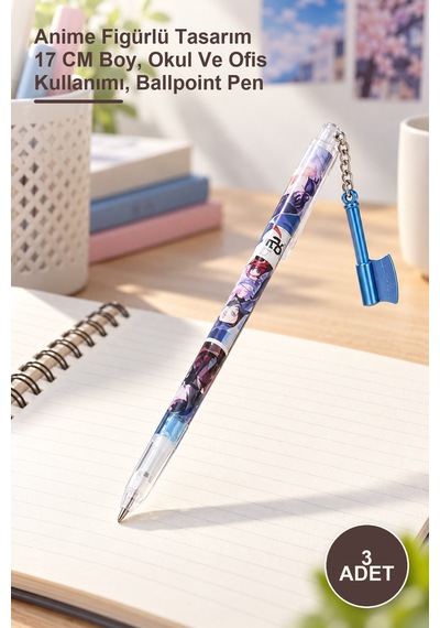 3 Adet Tükenmez Kalem Anime Figürlü Tasarım 17 Cm Boy, Okul Ve Ofis Kullanımı, Ballpoint Pen 1
