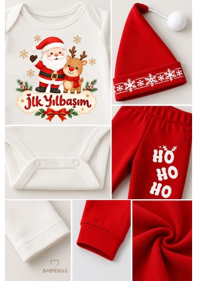 Babyden's Bebek Yılbaşı Takımı İlk Yılbaşım Baskılı Noel Kıyafeti %100 Pamuk 3'lü Body Pantolon Noel Şapkası Yılbaşı Kostüm Kırmızı