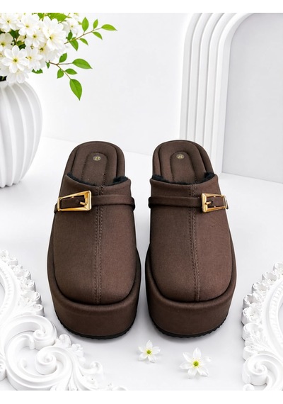 Dabab Shoes Nara Kadın Acı Kahve Sıcak Kürklü Gold Tokalı Kapalı Burun Dolgu Topuklu Platform Terlik Kahverengi