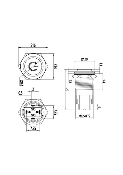 12A-G1Z-C 12Mm Çıkık Anahtarlı Işıklı Power Metal Buton - Sarı