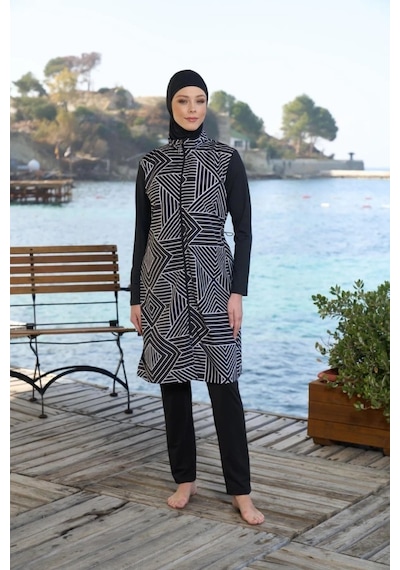 Estiva 25946 Siyah Fermuarlı Geometrik Desenli Tam Boy Tesettür Mayo Siyah
