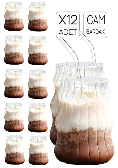 12 Adet Su Kabağı Şekli Soğuk - Sıcak Kahve Sunum Bardağı Pipetli