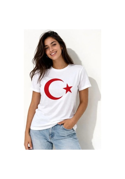 Butik İstanbul T-shirt Kısa Kol Bisiklet Yaka Ay Yıldız Bayrak Baskılı Tişört - Beyaz