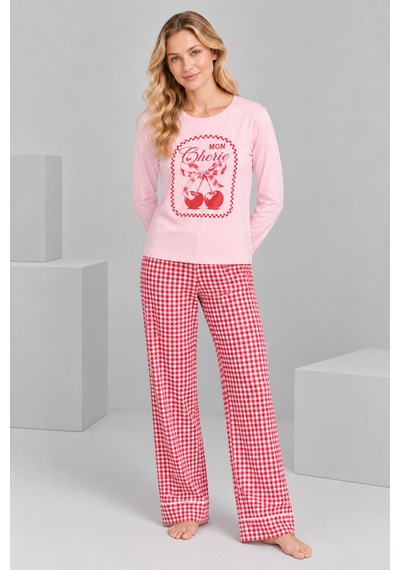 Pijamask Kadın Pembe Kiraz Baskılı Kırmızı Ekose Bol Paça Pamuklu Pijama Takımı Pudra