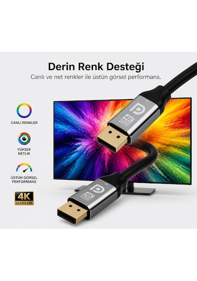 3 Metre Displayport 1.2 Premium 4k Uhd Kablo - 21.6gbps Hız, 4k 60hz, 2k 165hz, 1080p, Ultra Hd, Displayport 1.2 Uyumlu Diğer