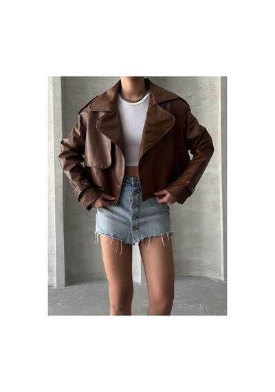 Meecy Oversize Taba Deri Ceket Taba Taba
