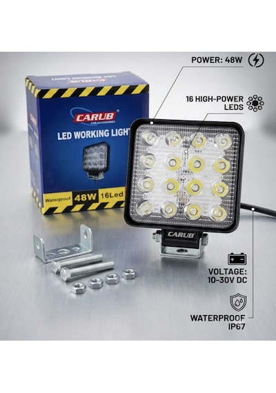 Carub 1 Adet Çalışma Lambası Sis Lambası 10-30v 48w 16 Led Kare
