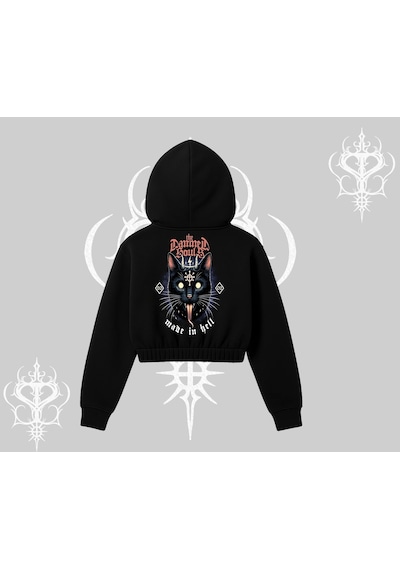 Startmore Gothic Cat Made İn Hell Baskılı Sweatshirt Kapşonlu Crop Sweatshirt Siyah