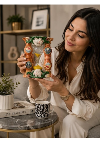 Dekoratif Seramik Kum Saati Fil Figürlü Masaüstü Biblo Ev Ofis Sehpa Konsol Dekoru 17x14 Cm