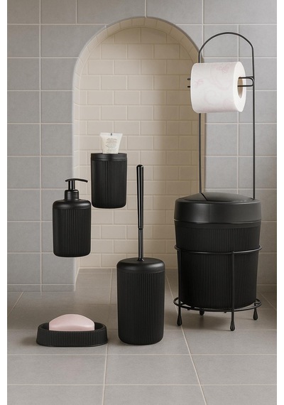6 Parça Banyo Seti Çöp Kovalı Tuvalet Kağıtlığı-tuvalet Fırçası-sıvı Ve Katı Sabunluk-diş Fırçalık Siyah