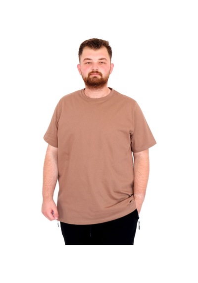 Mode Xl Büyük Beden Erkek T-shirt Bisiklet Yaka Basic U25162 Sütlü Kahve Kahverengi