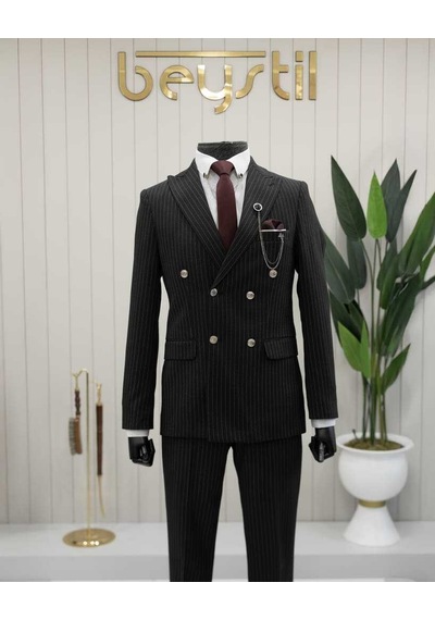 Beystil Sivri Yaka Siyah Çizgili Kruvaze Takım Elbise Lecce- Slim Fit Siyah