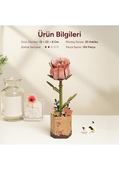 Rowood Tw051 Karanfil Çiçeği Pink Carnation Dıy Minyatür Maket Model Seti Ahşap 3d Wooden Puzzle Model Kit Ahşap Maket Dekoratif Hobi Seti